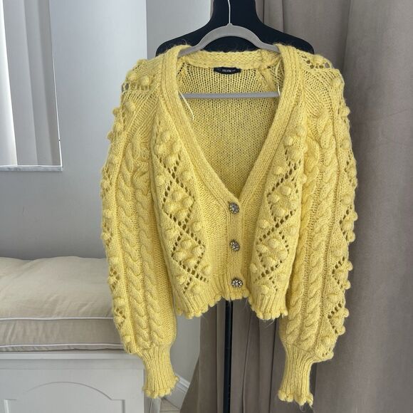 Dilvin Knit Bobble Yellow Cable Knit Jewel Buttons Scalloped Hem Cardigan M - Picture 6 of 14